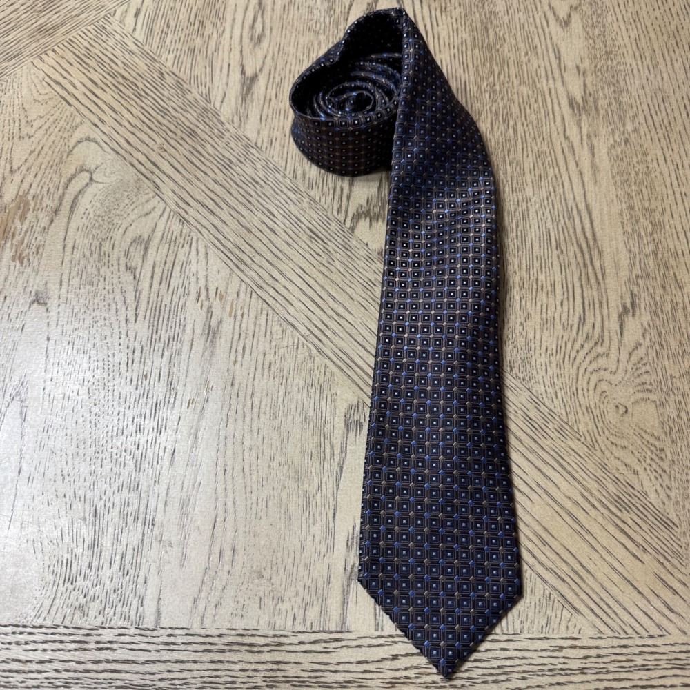 Saddlebred Mens Brown Blue Silk Blend Geometric Pattern Necktie Formal